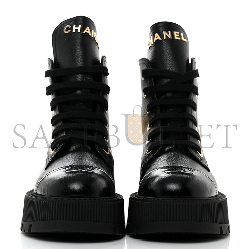 Ch*el grained calfskin shiny calfskin cc lace up combat boots 1437689
